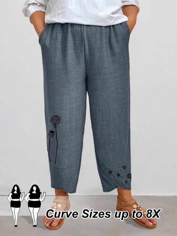 SHEIN CURVE+ Plus Size Women's New Elastic Waist Lotus Flower Print Elegant Tapered Pants