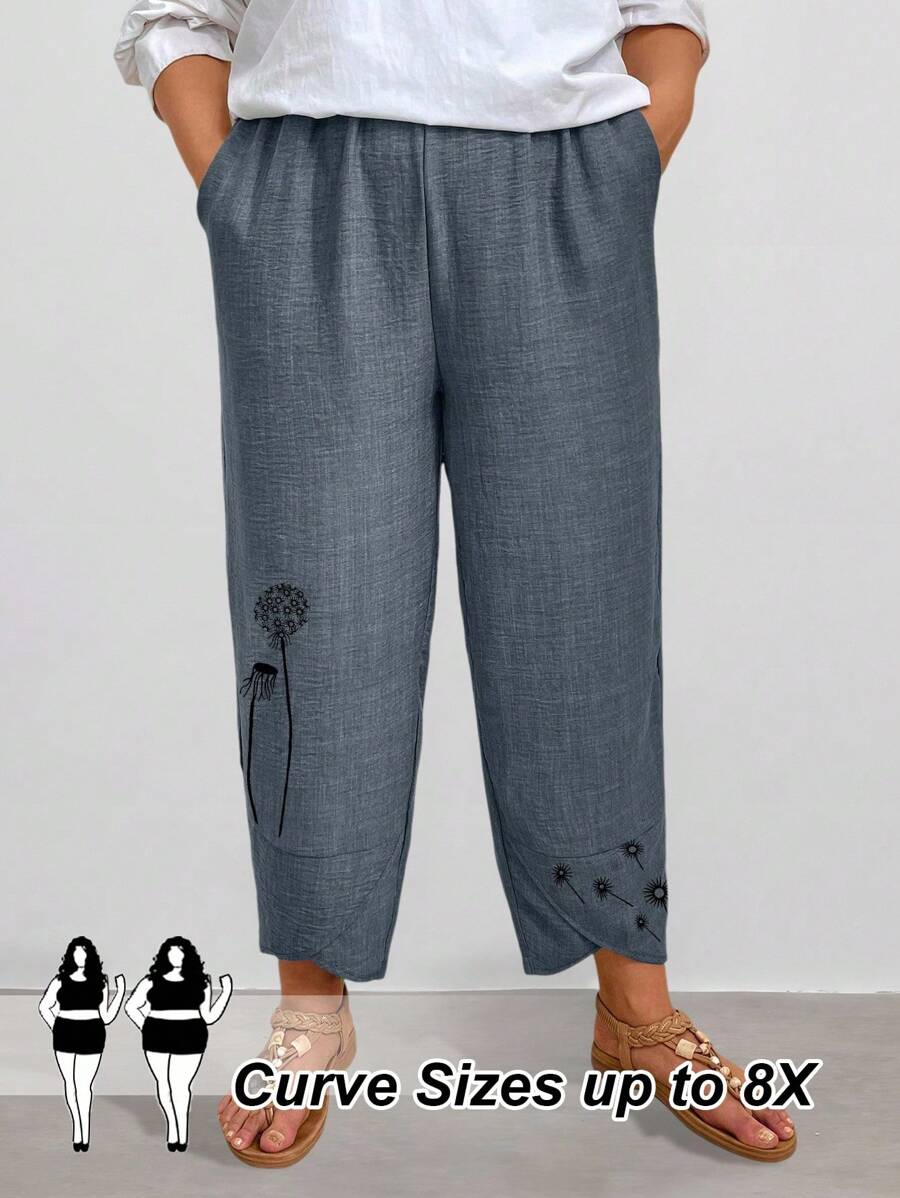 SHEIN CURVE+ Quần ống côn họa tiết hoa sen cạp chun mới dành cho nữ cỡ lớn - Xám - Xem 1