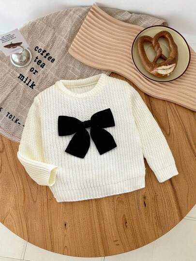 SHEIN Cute Apricot Bow Decor Long Sleeve Sweater, Versatile For Autumn/Winter, Babygirl Fall
