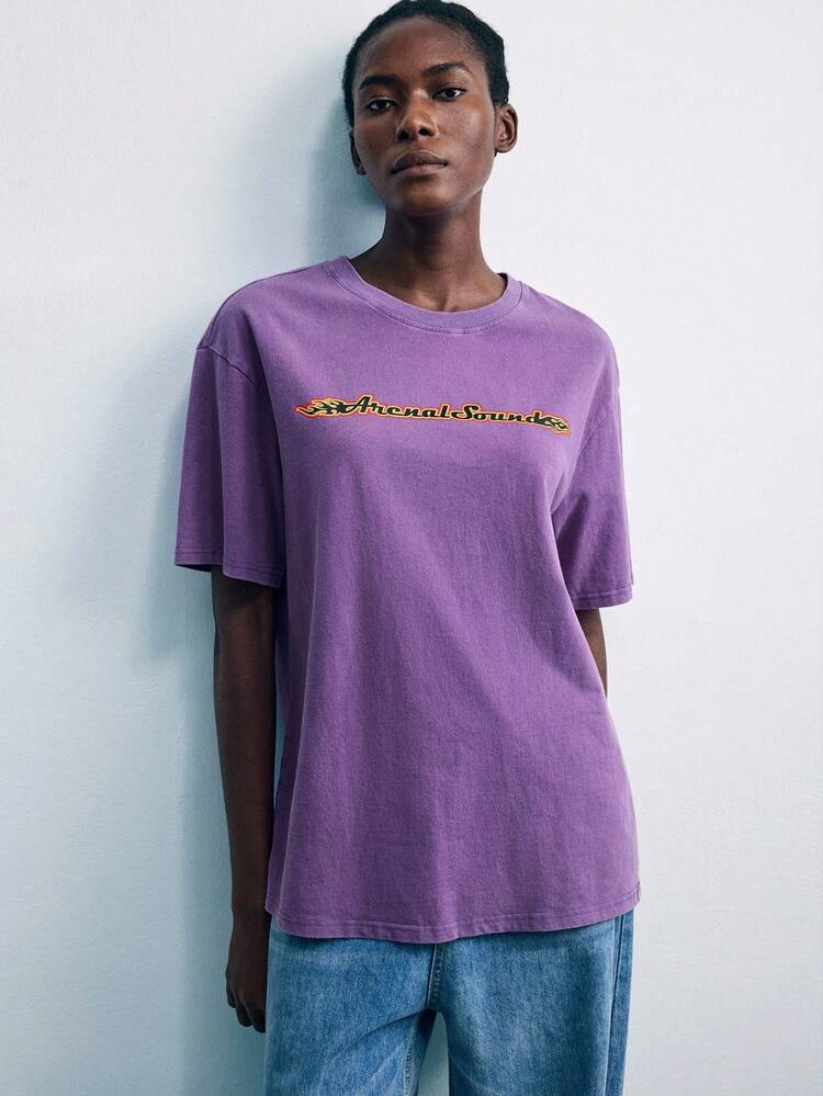 SHEIN X ArenalSound SHEIN Maija Women's Summer Letter Print Round Neck Short Sleeve Casual Versatile T-Shirt, Oversized Graphic Tees, Purple Rave Festival Top
