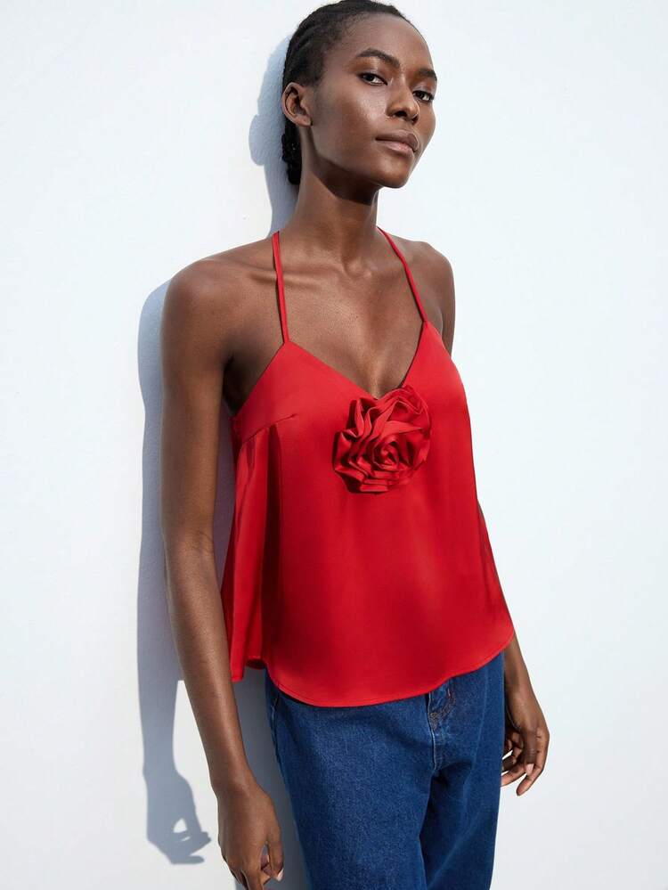 SHEIN Maija 1件装女士纯色3D立体花卉装饰时尚吊带背心上衣夏季女式外出上衣女士夜店女士性感外出上衣度假 - 紅色 - 查看 6