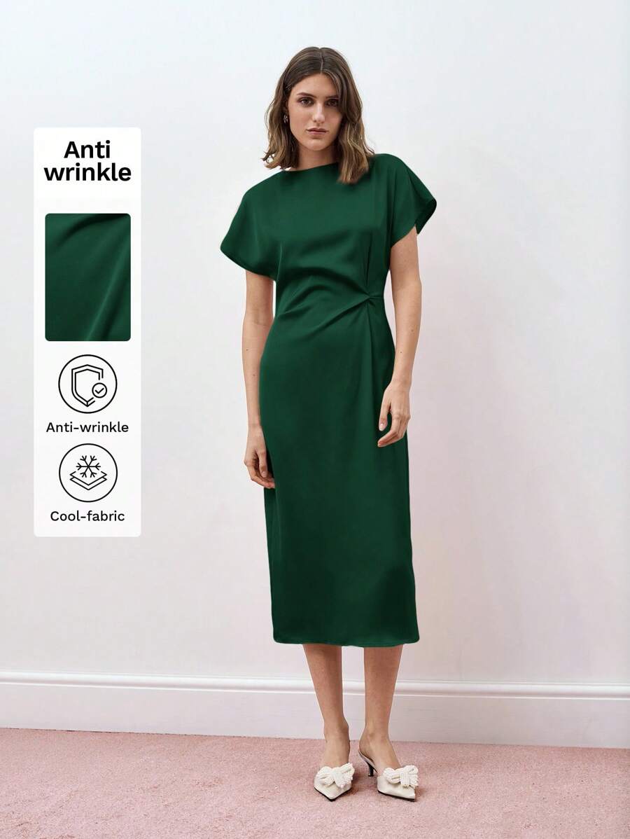 Maija Women's Plain Round Neck Short Sleeve Casual Fitted Shirred Waist Mid-Length Dress, Holiday, Business Casual, Satin Dress, Elegant Dress - Dark Green - View 1