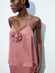 Maija Women's Summer Bubble Gum Pink Floral 3D Decor Tie-Back Halter Neck Tank Top, Casual Business Commute Elegant Vacation Off Shoulder Blouse