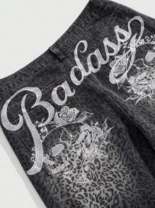 ROMWE MEN Street Life 男士宽松字母豹纹牛仔短裤 - 灰色 - 查看 4