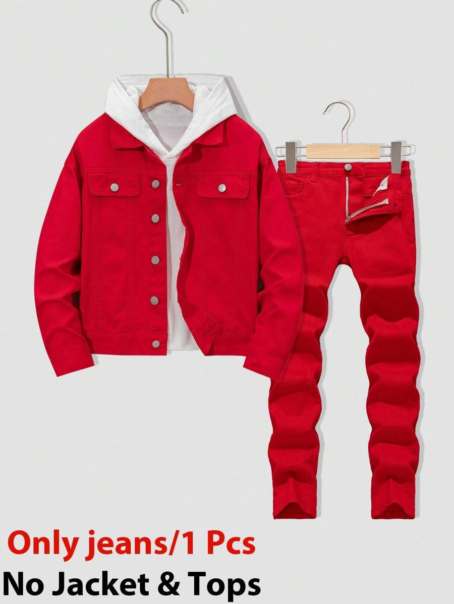 SHEIN Tween Boy Fashion Casual Red Comfortable Elastic Skinny Jeans For Boys Costume Dailywear And Summer Kids Clothes(This Product Is A Single Item And Does Not Include Denim Jackets And Other Jackets)