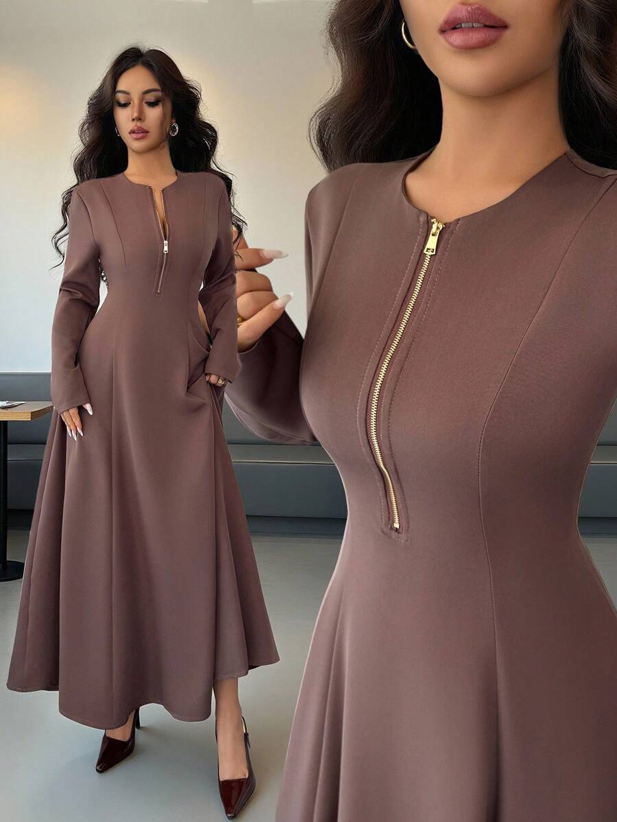 Elenzga Women's Elegant Coffee Brown Round Neck Front Zipper High-End Design Waist Fitted Flared Long Sleeve Midi Dress, Suitable For Commuting In Autumn Fall Cloth For Women - Brown - View 1