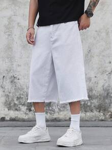 Claim Dot Plus Size Men's White Denim Mid-Length Frayed Hem Shorts Versatile For Daily Wear - White - View 4