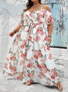 SHEIN CURVE+ 大码浪漫花卉印花裹领夏季波西米亚风连衣裙，Curve Plus，波西米亚风女士度假海滩装/沙滩裙/海滩度假装/海滩必备品/毕业/茶会礼服