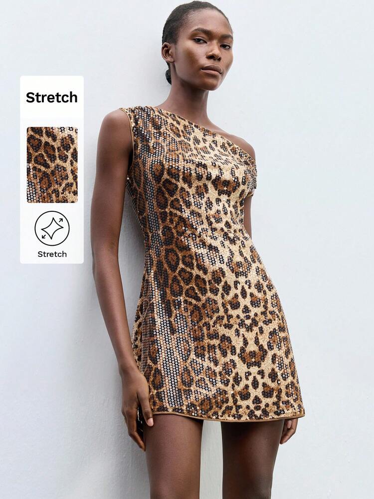 SHEIN Maija Women's Leopard Print Sequin Asymmetrical Collar Elegant Short Dress