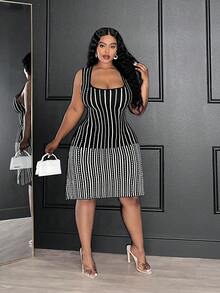 Veslaya 2025 新款时尚/法式/性感/优雅/高贵/奢华/淑女风弹力拼色修身A字提花针织连衣裙，U领无袖波浪下摆针织连衣裙带口袋，适合宴会/日常/派对/拍照/茶会 - 黑與白 - 查看 6