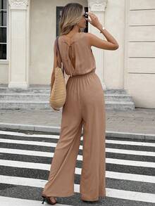 Serisse Bộ đồ liền thân ống rộng cổ chữ V buộc eo màu trơn không tay cho nữ - Màu Khaki - Xem 2