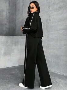 EURMUSE Women's Solid Casual Good Quality Drawstring Two Pieces Set - Black - View 2