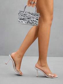 CUCCOO SZL Sandalias de tacón alto con punta abierta, con adornos de strass y acabado metálico plateado, para uso en clubes y eventos sexy