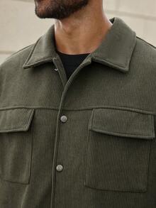 Manfinity Homme Plus Size Men's Solid Color Long Sleeve Single-Breasted Corduroy Casual Versatile Jacket, Fall/Winter - Army Green - View 6