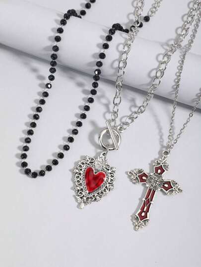 Goth 3pcs Gothic Style Black Beaded, Red Heart & Red Cross Necklace Set, Halloween Gift