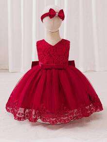 Glamorique Kids 女婴优雅蕾丝撞色网眼蝴蝶结装饰公主裙 - 酒紅色 - 查看 2