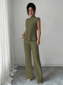 Elenzga 2件套休闲纯色罗纹侧开叉上衣和裤子套装 - 軍綠色 - 查看 7