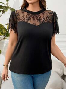 Reflora 大码女式夏季蕾丝拼布短袖上衣，外出上衣，商务休闲女装 - 黑色 - 查看 3