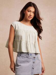 WESTFADE 纹理条纹编织圆领盖袖层叠荷叶边上衣 返校可爱秋季乡村夏季女装