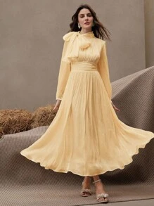 Anewsta Essential Abito elegante e versatile in tessuto plissettato e lucido, adatto per la primavera e l'autunno, con vita arricciata - Giallo - Visualizzare 6
