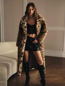 MOTF PREMIUM 时尚豹纹仿皮草长款大衣，秋冬 - 摩卡棕 - 查看 6