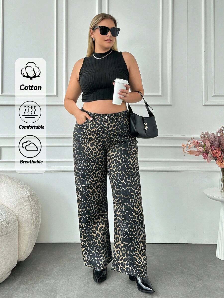 RueChic Plus High Waist Leopard Print Straight Jean - Multicolor - View 1