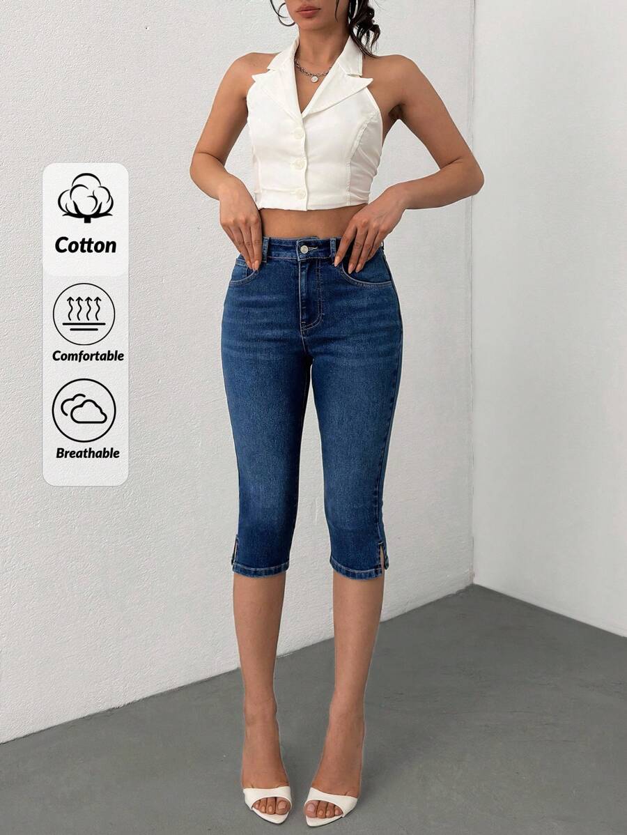 EURMUSE High Waist Washed Comfort Skinny Capri Jeans Women S Outfits Work Outfits For Women Petite Womens Set - Medium Wash - View 1