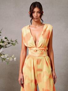 L'Amorae 优雅褶皱印花深V阔腿连体裤，女士婚礼服装，女士夏季服装 - 橘色 - 查看 5