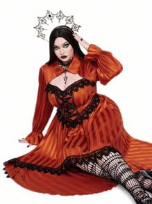 Whyspr 哥特朋克万圣节吸血鬼哥特式新款哥特式深色优雅缎面条纹二合一衬衫领泡泡袖连衣裙，派对/角色扮演短裙，前短后长设计秋季女装 - 橘色 - 查看 7