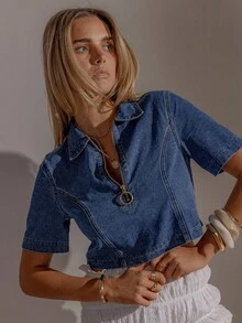 Aralina 女式秋冬夏牛仔波西米亚风可爱短款上衣，配有 Y2K 前拉链，非常适合乡村音乐会、教师和教堂 - 藍色 - 查看 10