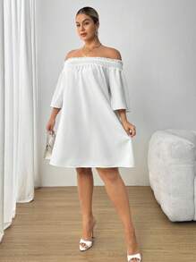 SHEIN PETITE CURVE Plus Size Casual Loose Daily Versatile Solid Color Off-Shoulder Dress - White - View 4