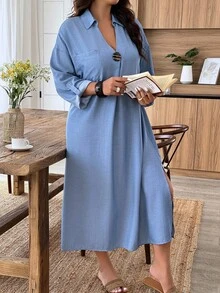Weeklong 大码女式翻领落肩宽松休闲木扣连衣裙