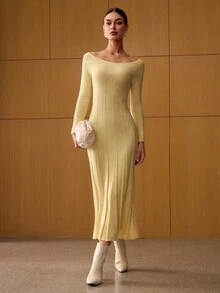 MOTF PREMIUM SCOOP NECK BIAS CUT SWEATER DRESS - Yellow - View 9