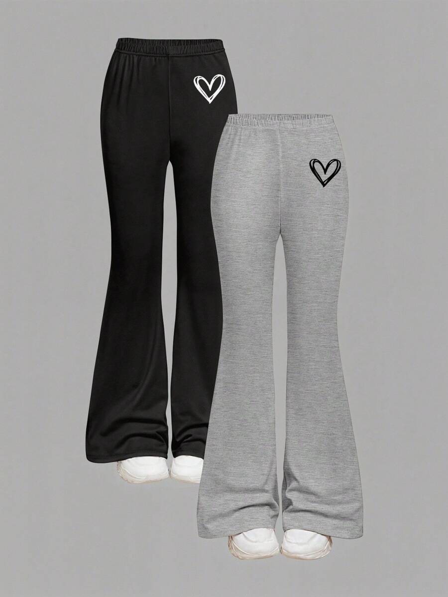 SHEIN Girlism 2件套少女休闲运动修身喇叭裤,黑色+浅灰色爱心印花,黑白撞色时尚,适合秋冬季节。 - 彩色 - 查看 1