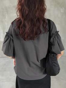 FRIFUL 女士宽松休闲纯色盖袖T恤，夏季，褶边