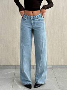EURMUSE LOW WAIST SEAM DETAILED LOOSE STRAIGHT LEG JEAN - Light Wash - View 3