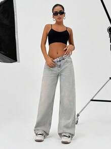 CasuGlow Quần jean ống rộng cạp thấp baggy cổ điển 100% cotton dành cho nữ - Rửa trung bình - Xem 4