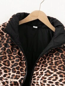 2-In-1 Black Leopard Print Padded Coat For Teen Girl Minimalist, Comfortable And Fashionable, Short Style, Suitable For Pre-Teen Girls Fall Winter - Multicolor - View 6