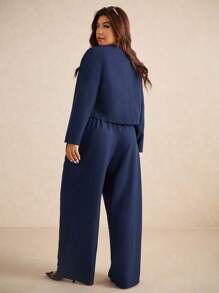 Elaquor Plus Size Casual Commuter Long Sleeve Shirt And Pants Set Women Dressy Pant Sets Plus Size Navy Blue Suit Women Blue Suit Women Plus Plus Size 2 Pieces Set Plus Size Pant Suit - Blue - View 2