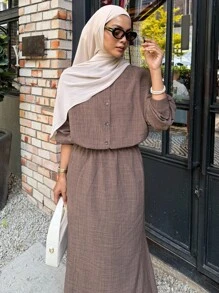 DAZY Western Style Beach Vacation Solid Washed Linen Loose Casual 2 Pieces Set For Women, Spring,Fall Clothes Modest Fashion - Coffee Brown - View 4