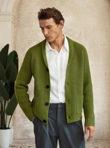 Manfinity CityGents Męski jednokolorowy kardigan z długim rękawem typu raglan, z szalowym kołnierzem, swobodny, jednorzędowy, stare pieniądze, jesień/zima