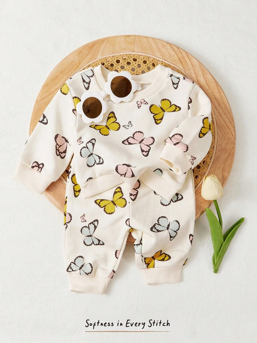Cozy Pixies Đứa bé gái In bướm Áo len & Quần nỉ - Màu be - Xem 1