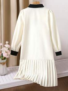 Elladie kids Váy cardigan cổ dài tay màu tương phản cho bé gái tuổi teen, trang phục trang trọng cao cấp thanh lịch, phong cách mới đa năng cho mùa thu/đông, màu be thu - trắng - Xem 2