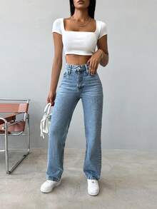 EURMUSE 小码高腰雪花洗直筒牛仔裤 - 中等水洗藍 - 查看 4