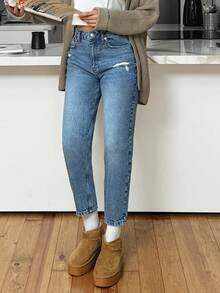 SHEIN Tall 100% Cotton HIGH RISE MOM CUT RIPPED WOMEN JEAN TALL Women Clothing Jeans Jeans Outfit For Women Jeans For Women Women S Street Wear Women Summer Clothing Women S Bottoms Woman S Summer Clothes Women Jeans Plus Size - Medium Wash - View 3