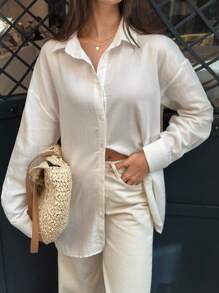 EURMUSE Shirt With Plain Drop Shoulder Button At Front - White - View 4