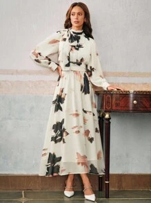 Anewsta 女式优雅系带领印花长袖收腰喇叭下摆雪纺连衣裙，秋季 - 杏色 - 查看 5