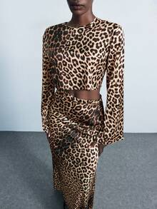 Maija 女式豹纹圆领喇叭袖镂空腰部修身长裙 - 棕色 - 查看 2