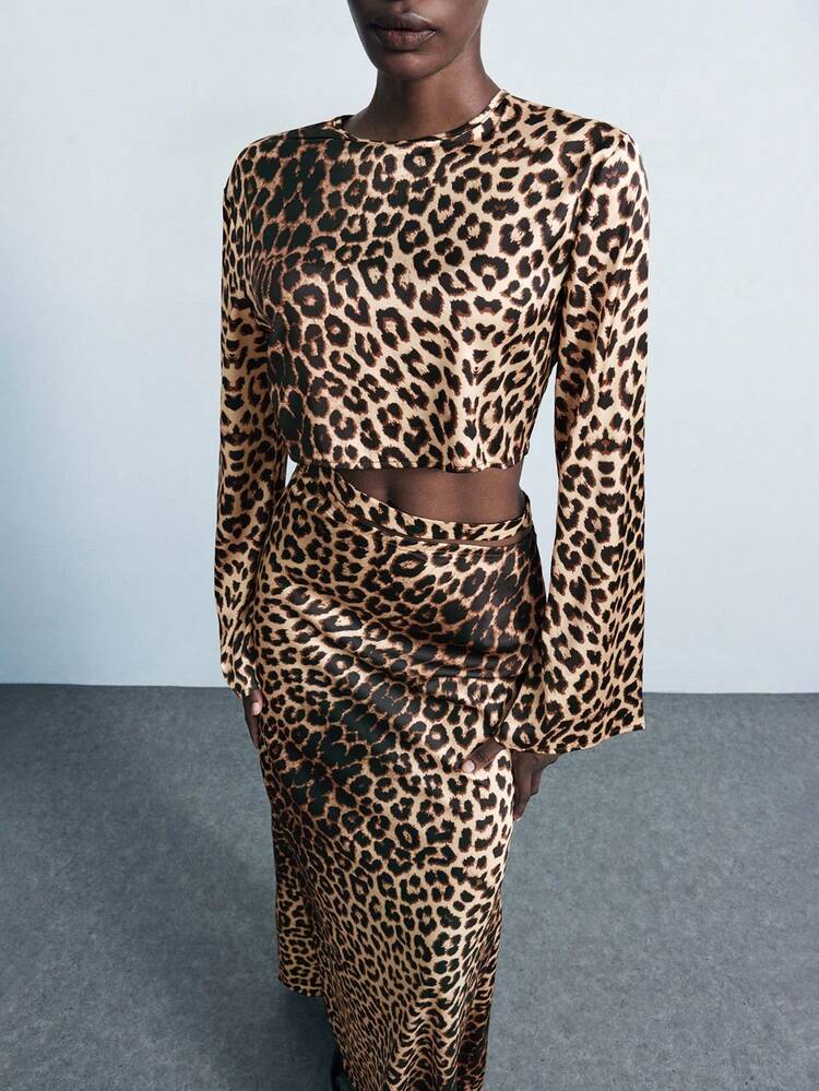 SHEIN Maija Women's Leopard Print Round Neck Flare Sleeve Cutout Waist Fitted Long Dress