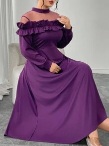 Modelyn Plus Size Women Elegant Waist Cinched Mesh Patchwork Ruffle Hem Dress Fall Cloth For Women - Purple - View 7